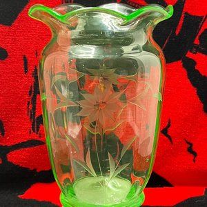 Uranium Glass Vase. Very Rare. Etched Flower Design.